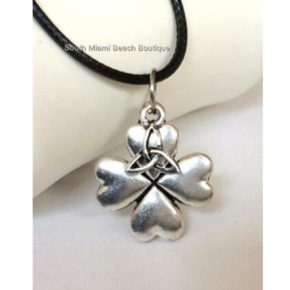 Silver Irish Celtic Knot Shamrock Necklace Trinity Knot Pendant Black Cord - Picture 1 of 8